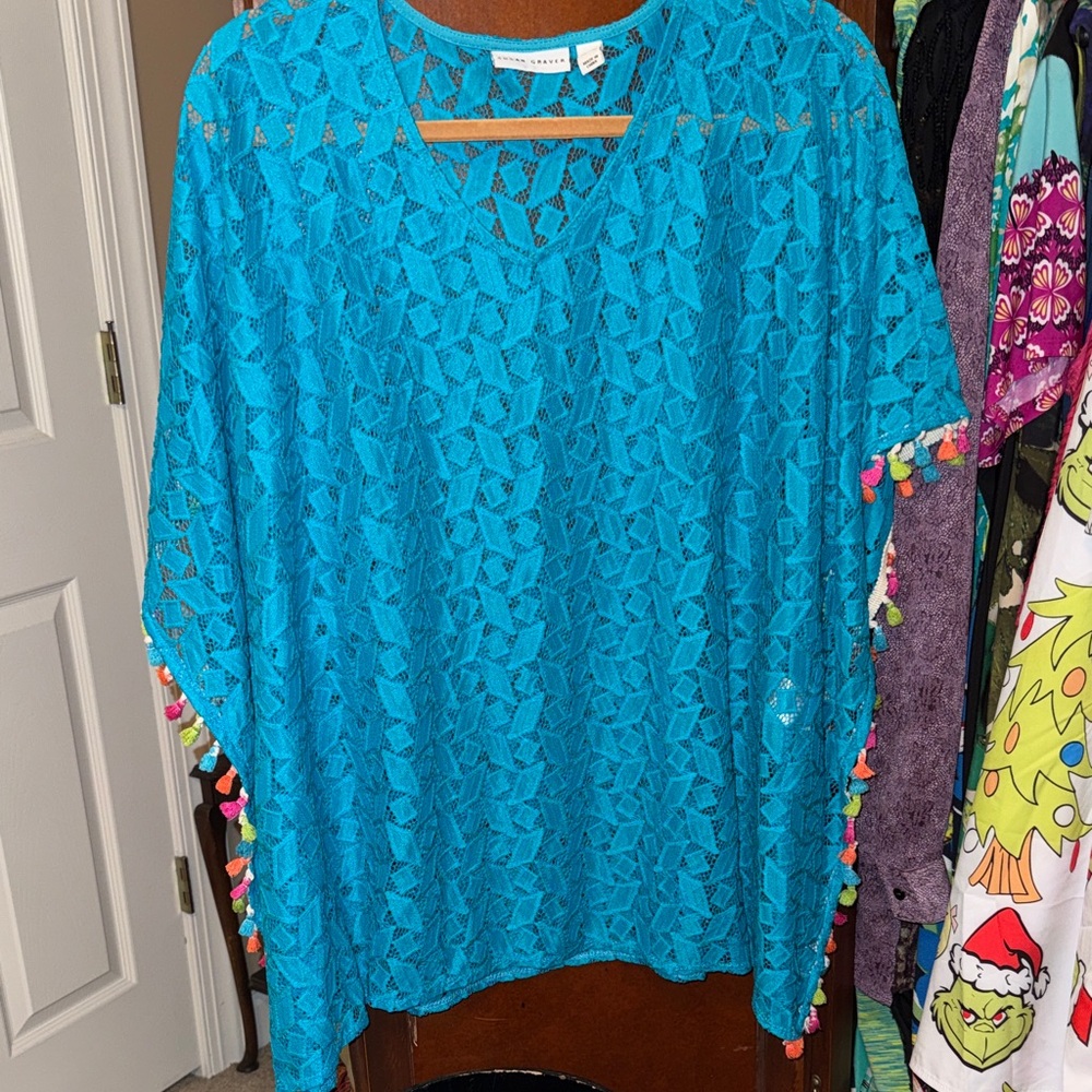 Susan Graver Blue Lace Crop Top with Multicolor Accents
